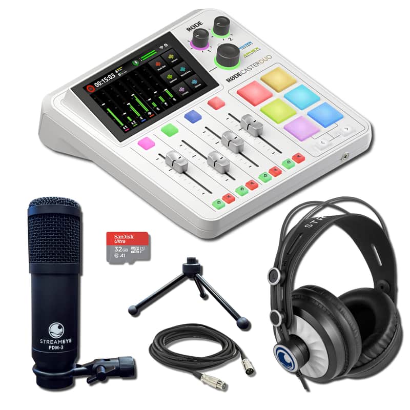 Rode RODECaster Duo Streaming Mixer (White) with StreamEye PDM-3 Podcast Equipment Bundle and microSD Card with Adapter image 1