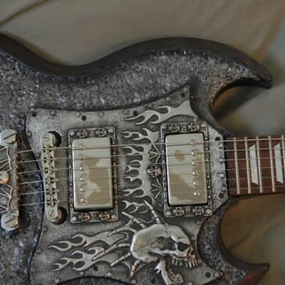 Steampunk Skull Epiphone SG G-400 Guitar Hand sculpted top hand made metal skull parts rings knobs image 5