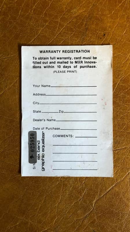 Vintage 70's MXR Six Band Graphic Equalizer Warranty Card image 1