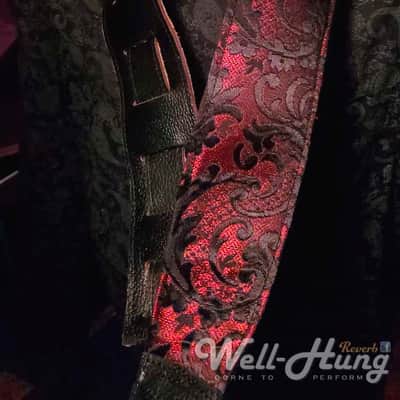 Well-Hung "Lunch with Lucifer" 3" wide padded guitar strap in Red Damask /Black Leather image 6
