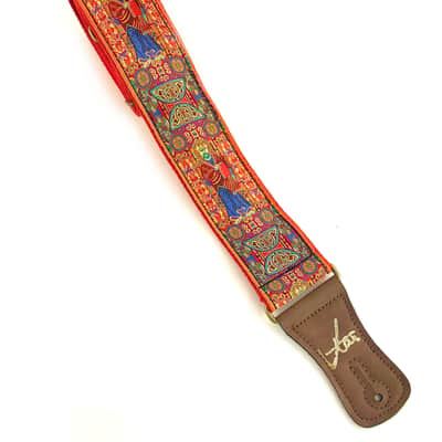 Handmade Red Irish Celtic Book Of Kells Hemp Guitar Strap by VTAR, with Brass Details and Brown Vegan Leather. For Acoustic, Bass and Electric image 1