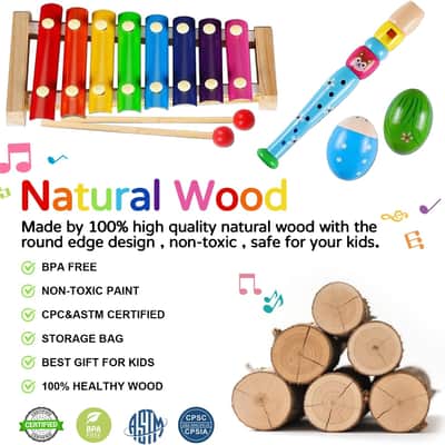 INLAIER Wooden Musical Instrument Set with Xylophone & Tambourine image 3