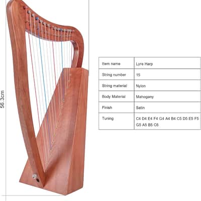 15 Strings Mahogany Harp 22 Inch Height for Adult Professional Beginner with Tuning Wrench,Black Gig Bag,Strap (NO Spare String, International Standard Strings) image 2