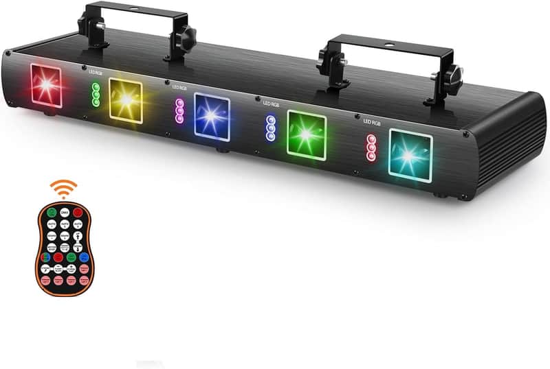 Stage Laser Light, 5 Beam Sound Activated DJ Party Lights RGBYC LED Music Projector with Remote Control DMX for Dancing Birthday Bar Pub Stage image 1