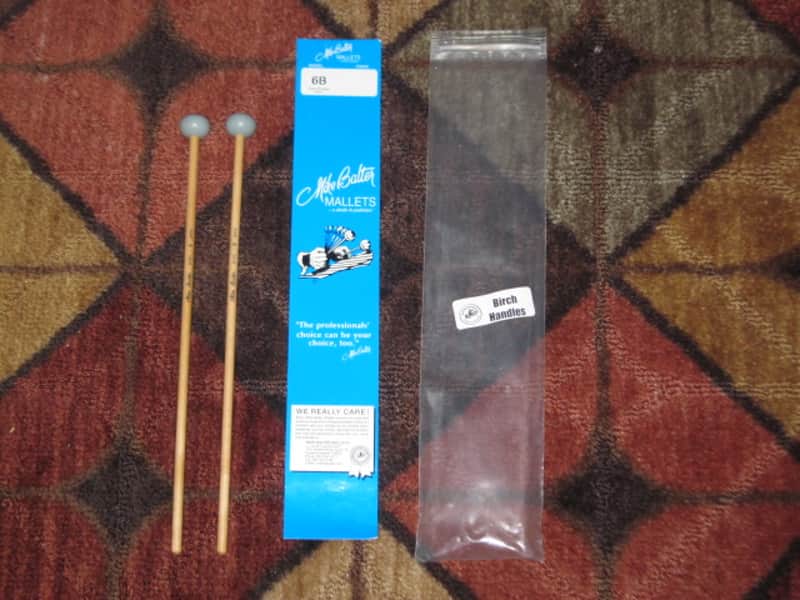 one pair of new old stock near A+ Mike Balter MB6B (6B) Hard Keyboard Mallets - 1" diameter Oval Gray Rubber HEADS and Natural Birch HANDLES (for Xylophone, Bells) mid to late 1990s (+ packaging) Unwound Series image 1