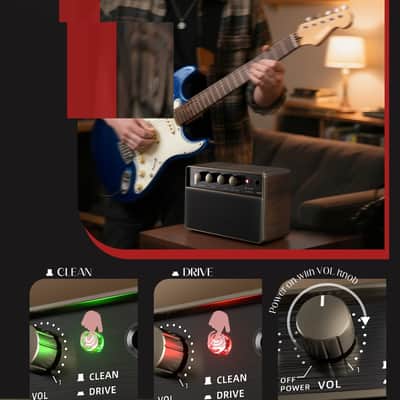 Mini Electric Guitar Amp, Rechargeable 10W Small Portable Guitars Amplifier 5.9*3.9*2.6in Clean/Drive Channels,Wireless Audio,USB-C,6H Working,Headphone Out/AUX In,Compact Practice Travel Speaker Amps image 3