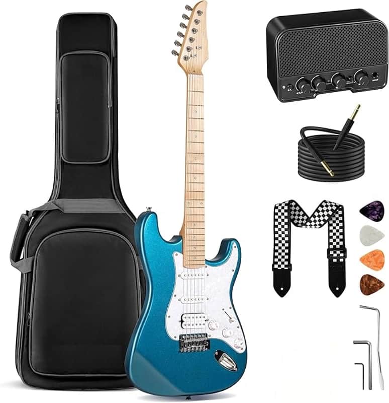 Electric Guitar Set Beginner - 39in Starter Guitar Kit with HSS Pickup Solid Okoume Body Electric Guitar Adults with Amplifier Gig Bag Strap Picks Strings Cable Blue image 1