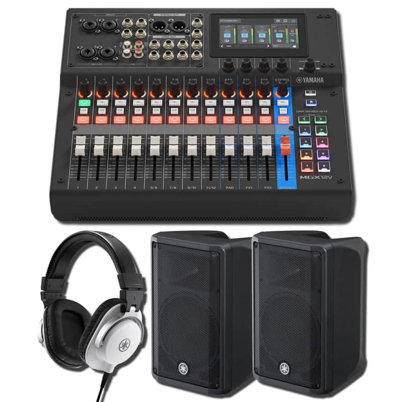 Yamaha MGX12V B 18-Channel Digital Mixing Console Content Creator Bundle with HDMI 4K Video Capture, 2x DBR10 10-Inch 700W Powered Speakers, and HPH-MT5W White Studio Monitor Headphones image 1