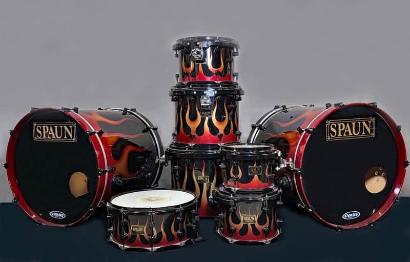 Spaun 22/22/8/10/12/14/16/6.5x14" Drum Set w/ May Mic System - Flame On image 1