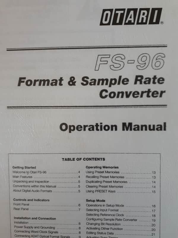 Otari Operation Manual for FS-96 Format & Sample Rate Converter