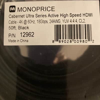 Monoprice 4K High Speed HDMI Cable - 4K@60Hz, 18Gbps, HDR, CL2 In-Wall Rated, Active, 50ft, Black image 3