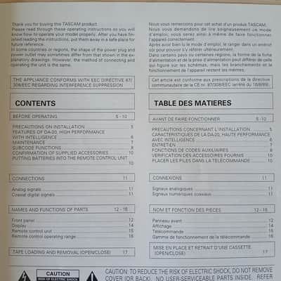 Owner's Manual for TASCAM DA-20 D.A.T TEAC professional division 1990s image 2