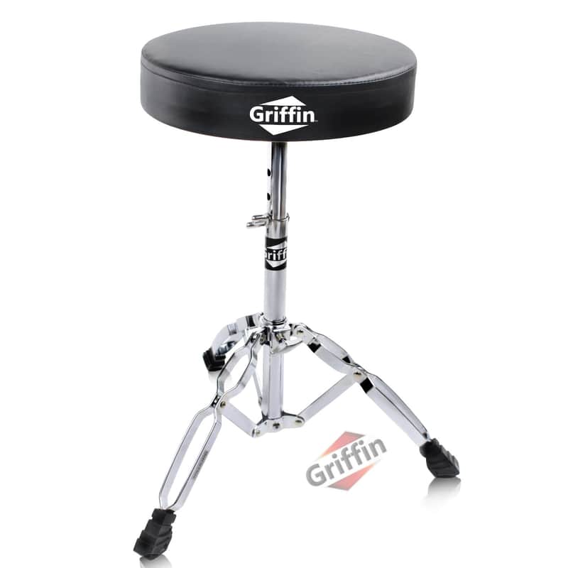 Griffin Drum Throne Seat - Padded Drummer’s Chair Drum Set - Percussion Stool for Adults - Professional Double Braced Hardware Stand for Practice with Adjustable Height from 18" to 23" image 1