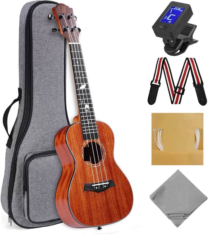 Concert Ukulele 23 inch Solid Top Ukelele Kit Professional Small Hawaiian Guitar Ukalalee Starter Pack Bundle Gig bag, Tuner, Strap, Aquila String Set, 12 Online Lessons - Glossy image 1