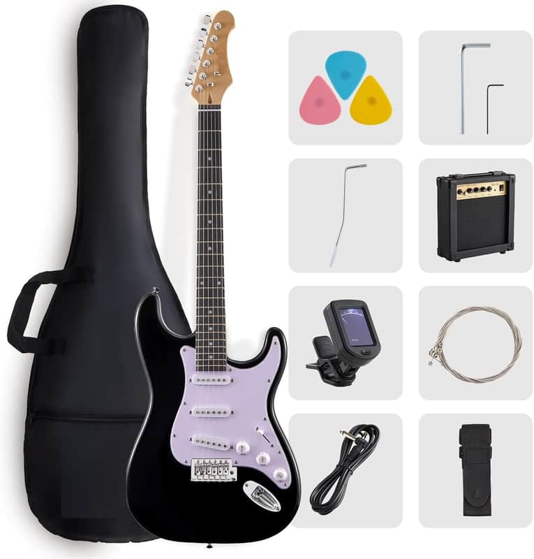 39-Inch Electric Guitar Starter Kit Complete starter kit with electric guitar, amp, strap, plectrum, tuner, strings, cable and guitar bag - Suitable for beginners (black) image 1