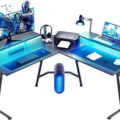 51-Inch L-Shaped Music Studio Desk with LED Lighting & Dual Monitor Stands – Producer Workstation image 2