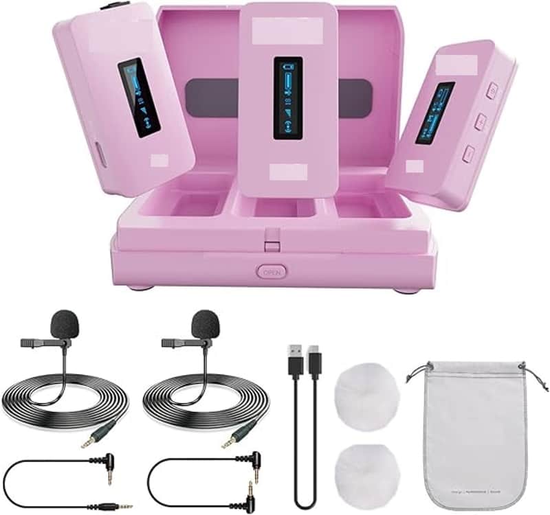 Dual Wireless Lavalier Microphone System with 2 Transmitters for DSLR Camera Camcorder Smartphones in VlogYouTube Video Facebook Live (Pink) image 1