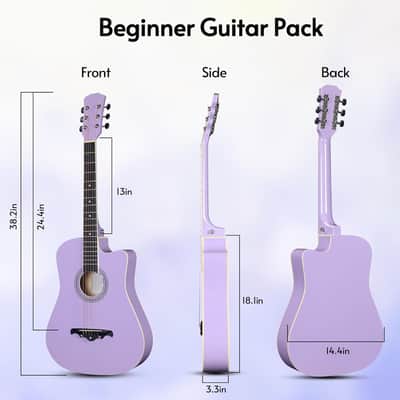 38" Inch Acoustic Guitar Bundle for Beginners Adults with Online Lesson, Cutaway Wood Acustica Guitarra Starter Set Package with Gig Bag, Strap, Steel Strings, Picks, Capos, Stand, Purple 1 image 2