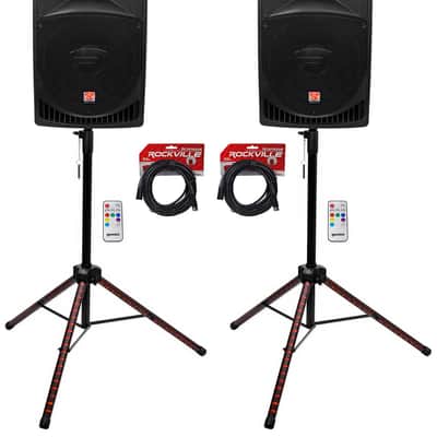 2) Rockville RPG15 15" Powered Active 1000 Watt DJ PA Speakers+LED Stands+Cables image 1