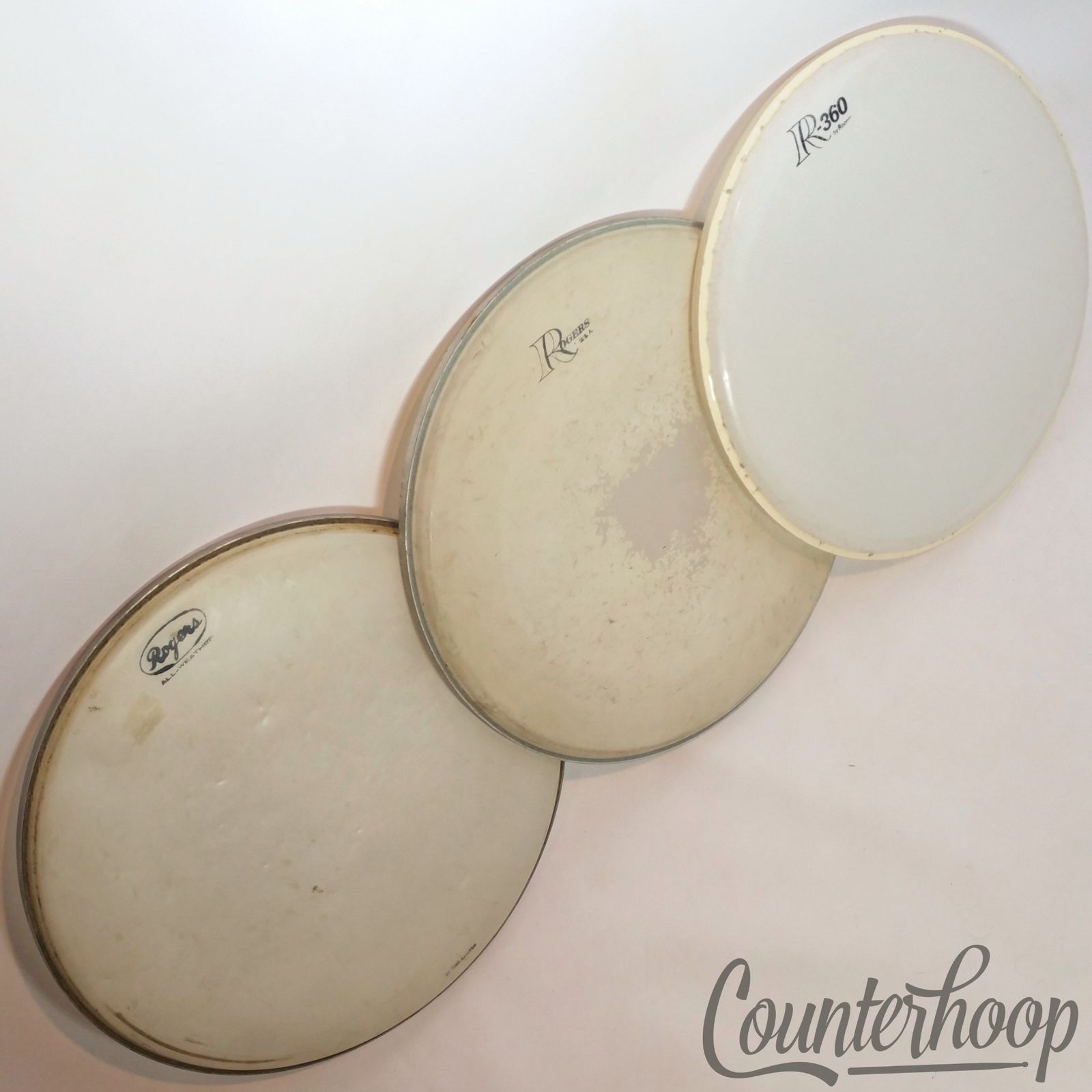 Rogers 3x 14" Snare/Floor Tom Drum Heads Coated Batter All Weather Script+Big R — main photograph