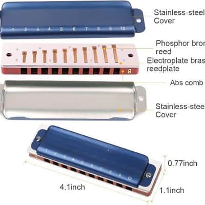 Professional Harmonica Blues Key of B 10 Hole 20 Tone Heavy Duty with Case & Cleaning Cloth for Professional Player, Beginner image 2
