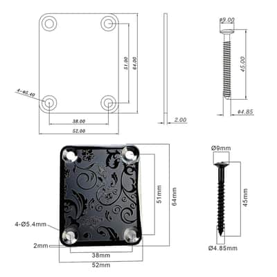 Stainless Steel Engraved Electric Guitar Neck Plate 4-Bolt Square Neck Joint Plate Joint Reinforce Board for Strat ST Telecaster Tele Bass Electric Guitar Parts Replacement (Black) image 6