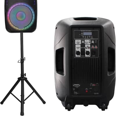 Portable 15-Inch PA Speaker System DJ Amplified Loud Speaker with Stand Bluetooth/USB/SD Card Reader/FM Radio/Remote Control/LED Light, Good for Churches, Bands, Parties image 1