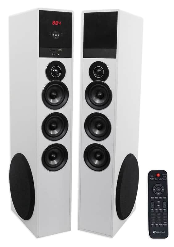 Rockville TM150W White Powered Home Theater Tower Speakers 10" Sub / Blueooth / USB image 1