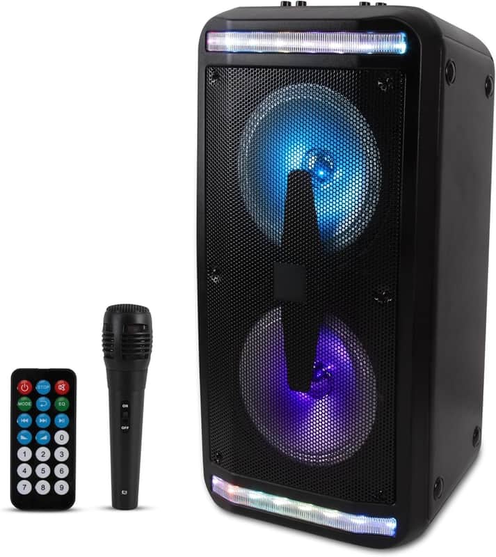Bluetooth Speaker and PA System - Portable Stereo Karaoke System with Wired Mic, Built-in LED Party Lights, MP3/USB/Micro SD Readers, FM Radio, 8" Subwoofers, 600W MAX, 11.4" x 10.4" x 23.2" image 1