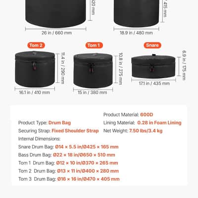 5-Piece Drum Case Set, 600D, Padded Drum Bags for 22 in Bass, 12/13/16 in Tom, 14 in Snare, Thick Padding, Lightweight Protective Covers Travel Storage Cases, for Drums Accessories Protection image 2