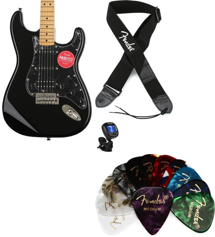 Squier Classic Vibe '70s Stratocaster HSS - Black with Maple Fingerboard  Bundle with Fender 2" Polyester Logo Strap - Black with White Logo... (4 Items) image 1