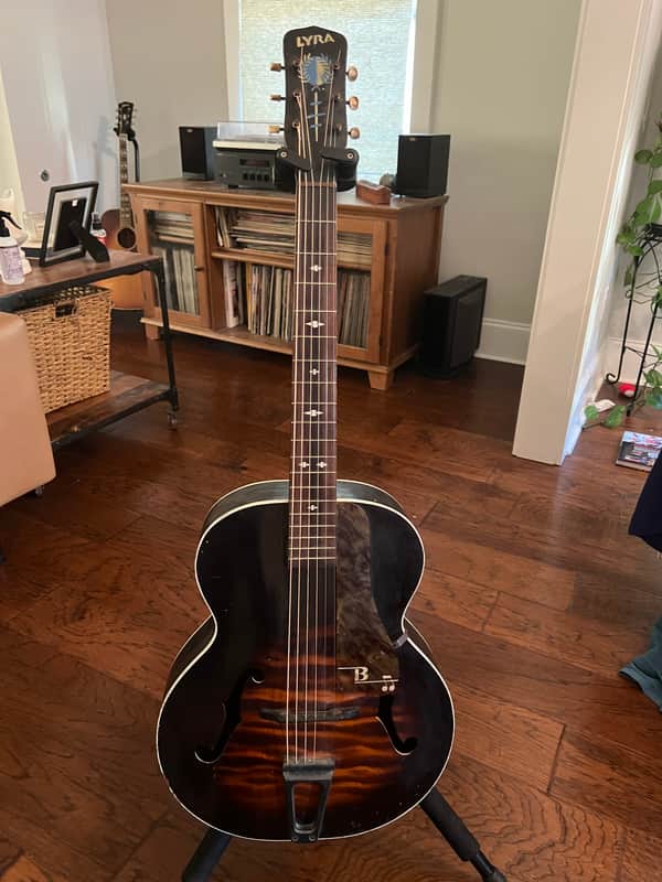 Lyra Acoustic Archtop 1930s Kay Harmony Oscar Schmidt May Bell - Sunburst Faux Flame Stencil image 1