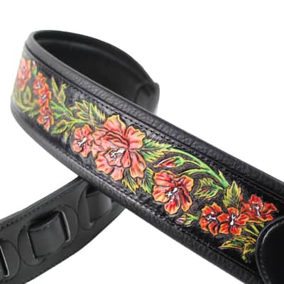 Walker & Williams KB-10 Gloss Black Strap w/Carved Red Orange Roses On Grain Leather image 3