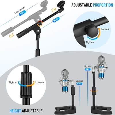 Mic Stand Desk Adjustable - Boom Arm Desktop Microphone Stand Metal Weighted Base A-frame Table Mic Mount with 2 Mic Clips 3/8" to 5/8" Screw Adapter Mic Mount for Singing Stage Performance image 2
