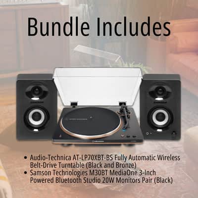 Audio-Technica AT-LP70XBT-BZ Fully Automatic Wireless Belt-Drive Turntable (Black and Bronze) Bundle with M30BT MediaOne 3-Inch Powered Bluetooth Studio 20W Monitors Pair (Black) image 6