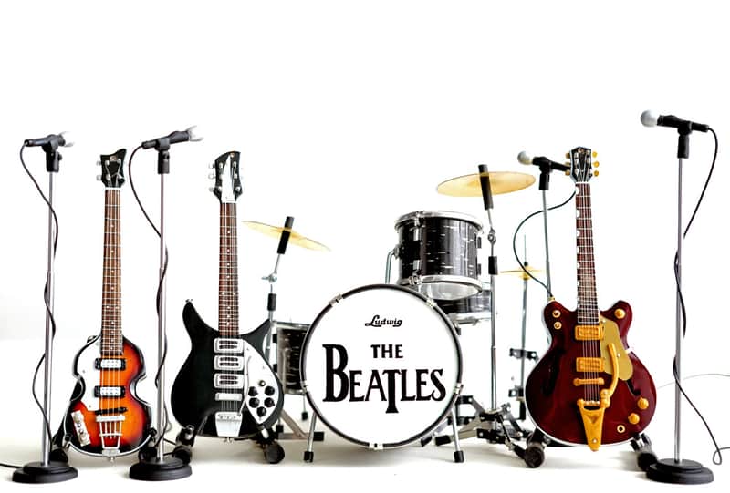 MGC The Beatles Miniature Guitar Ed Sullivan Set of 4 Guitar & Drums Super Mini 4Mic  Cake Topper image 1
