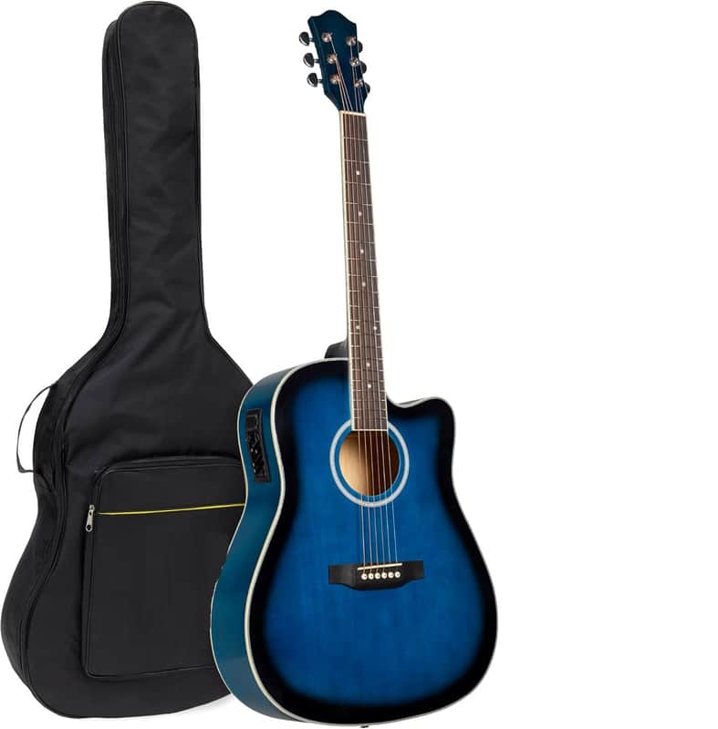 Beginner Acoustic Electric Guitar Starter Set 41in w/All Wood Cutaway Design, Carrying Case, Strap, Picks, Cable - Blue image 1