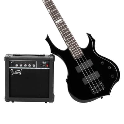 Full Size Glarry 4 String Burning Fire enclosed H-H Pickup Electric Bass Guitar with 20W Amplifier/ Bag/ Black image 1