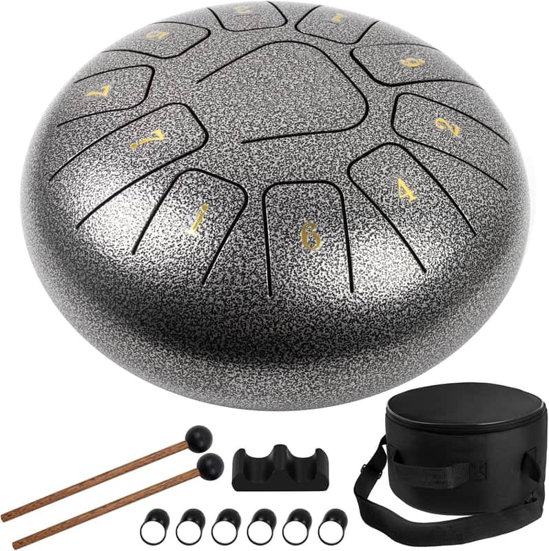 Steel Tongue Drum, 10 inch 11 Notes Tank Drum C Key Percussion Steel Drum Kit w/Drum Mallets Note Stickers Finger Picks Mallet Bracket and Gig Bag image 1