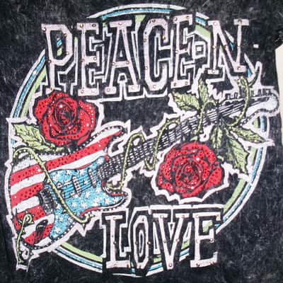 peace n love S -M woman 100% organic tee red-white sparkle strat logo tee - rock n roll art metal blues hippie fender image 1