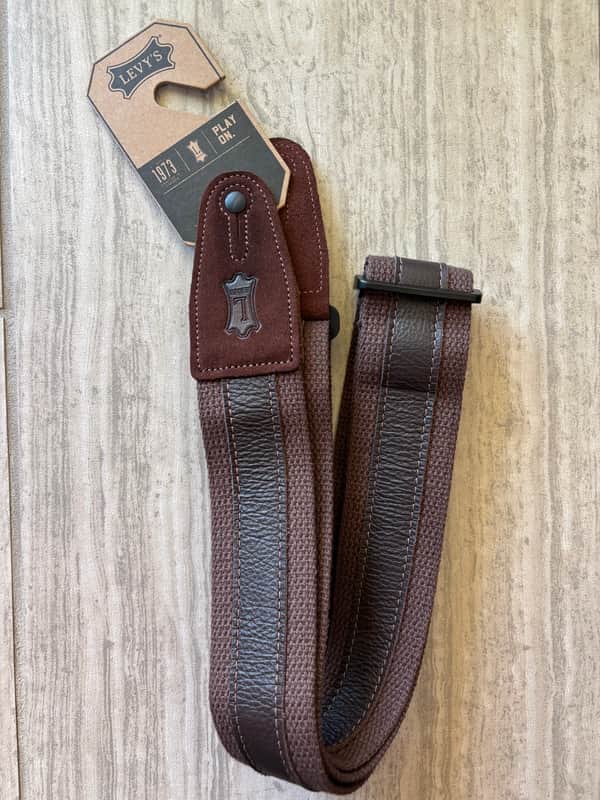 Levy’s MC2CG-BRN-DBR Guitar Strap - 1” Leather Stripe / 2" Cotton Guitar Strap w/ Seude Ends, TriGlide Adjustment - Brown/Brown image 1