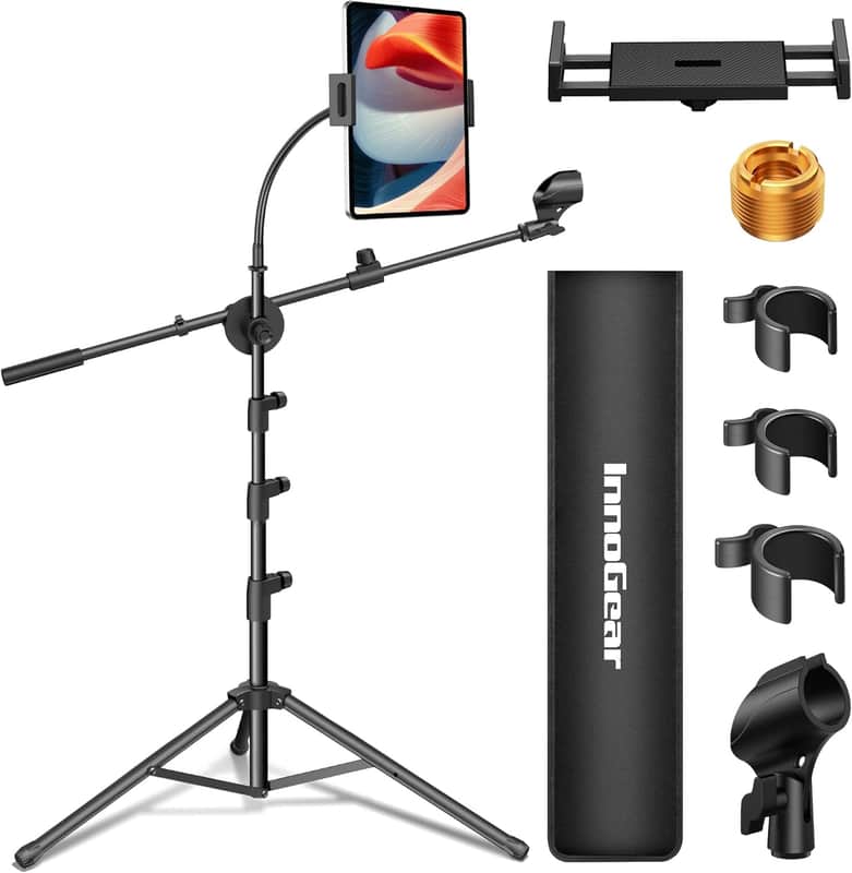 Mic Stand, 6 in 1 Microphone Stand Floor with Tablet Phone Holder Height Adjustable from 30" to 72" Mic Stand Tripod Boom Arm with Gooseneck Carrying Bag for Singing Karaoke Stage image 1