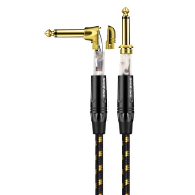 1/4 Guitar Amp Straight To Right Angel Patch Cord, 6 Feet Quarter Inch Cable Black/Yellow Braided Tweed, Jack 6.35Mm 1/4 Inch Guitar Cable For Electric Guitar, Bass, Keyboard To Pa Certified image 2
