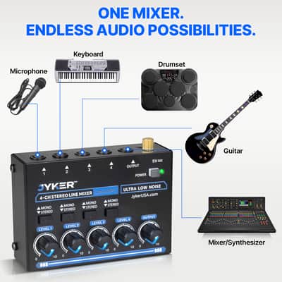 4 Channel Stereo Line Compact Audio Mixer, Mono/Stereo Switch, Low Noise Mixer - JMAMP6 image 3