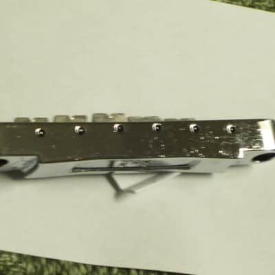 lightly used Epiphone B-2 metric ABR-1 vintage style bridge, wired,  CHROME, large posts mounting pieces (NO anchors) 1990s/2000s (for some import guitars that use this style bridge) will NOT fit on Gibson - mounting holes are too big image 16