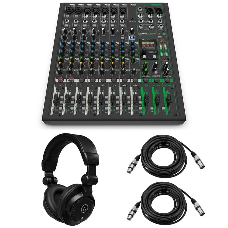 Mackie ProFX12v3+ 12-Channel Bluetooth Analog Mixer with Enhanced FX, Bundle with TAPH100 Headphones and 2x 25' 3-Pin XLR Microphone Cable image 1