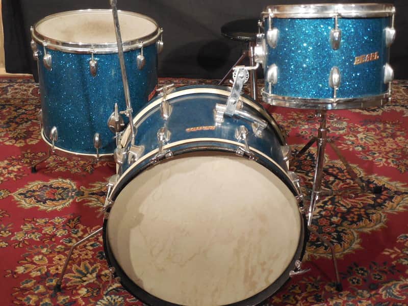VINTAGE 1960s PEARL 4 pc BLUE SPARKLE DRUM KIT WITH HARDWARE (ALL ORIGINAL) image 1