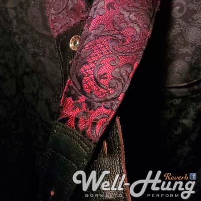 Well-Hung "Lunch with Lucifer" 3" wide padded guitar strap in Red Damask /Black Leather image 2