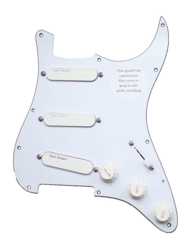 Lace Sensor Blue Fire Loaded Strat Pickguard ( Light Blue / Silver / Burgundy ) - white image 1