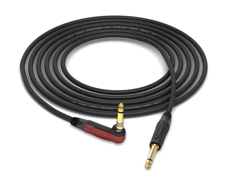 Grimm TPR Instrument Cable | Neutrik Gold 90�� Silent 1/4" TS to Straight 1/4" TS | Black 7 Feet image 1